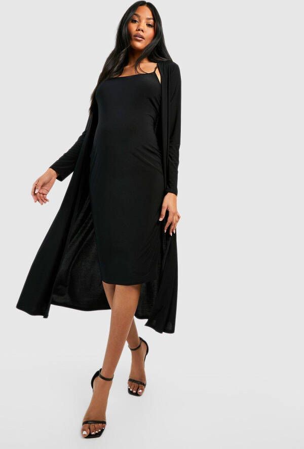 boohoo Zwangerschap Jurk Met Bandjes En Losse Col En Duster Jas Met Ceintuur, Black