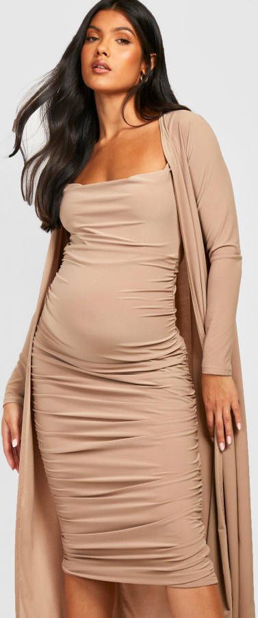 boohoo Zwangerschap Jurk Met Bandjes En Waterval Hals En Duster Jas, Camel