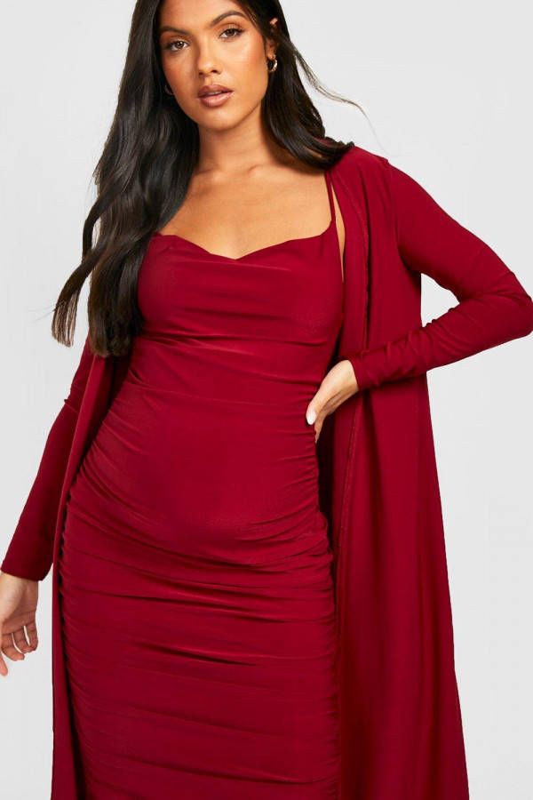 boohoo Zwangerschap Jurk Met Bandjes En Waterval Hals En Duster Jas, Wine