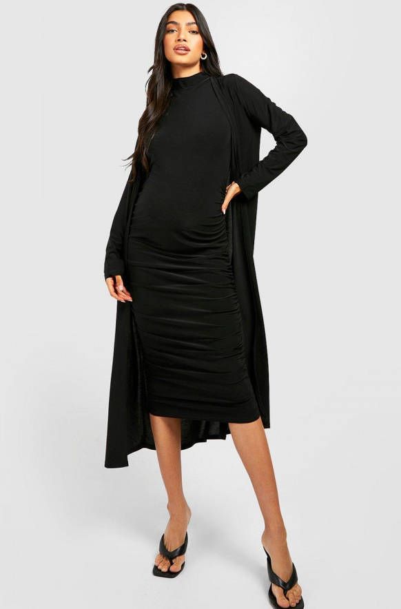 boohoo Zwangerschap Jurk Met Hoge Kraag En Duster Jas, Black