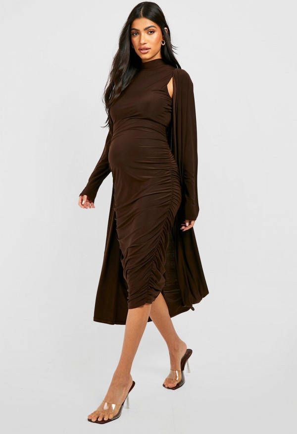 boohoo Zwangerschap Jurk Met Hoge Kraag En Duster Jas, Chocolate