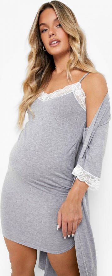boohoo Zwangerschap Kanten Nachtjapon En Badjas Set, Grey Marl