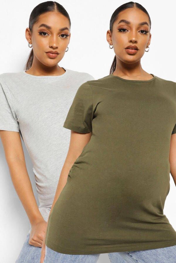 boohoo Zwangerschap Katoenen T Shirt(2 Stuks ), Grey Khaki