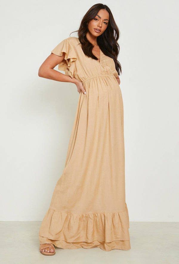 boohoo Zwangerschap Linnen Maxi Jurk Met Geplooide Zoom, Stone