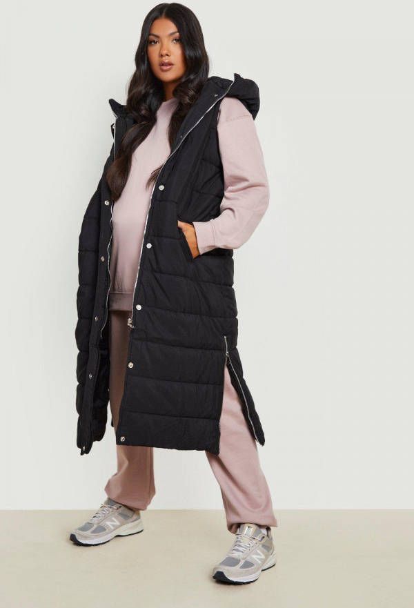 boohoo Zwangerschap Long Line Bodywarmer Met Capuchon, Black