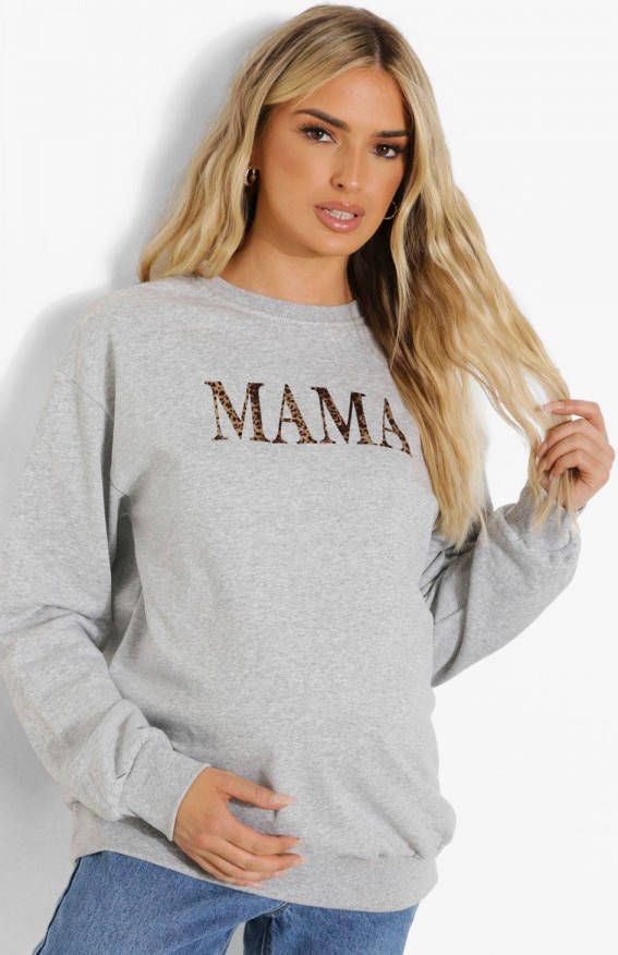 boohoo Zwangerschap Luipaardprint 'Mama' Trui, Grey Marl