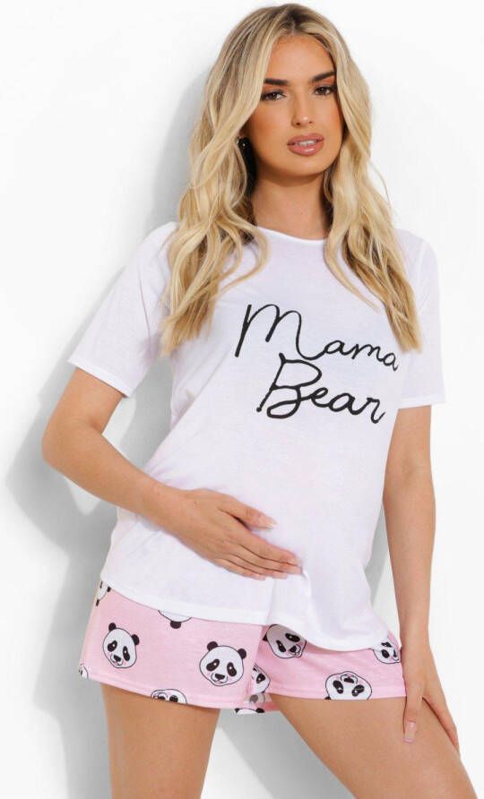 boohoo Zwangerschap Mama Bear Pyjama Set Met Shorts, White