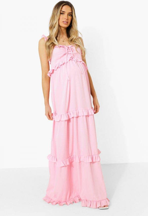 boohoo Zwangerschap Maxi Jurk Met Geplooide Schouders, Pink