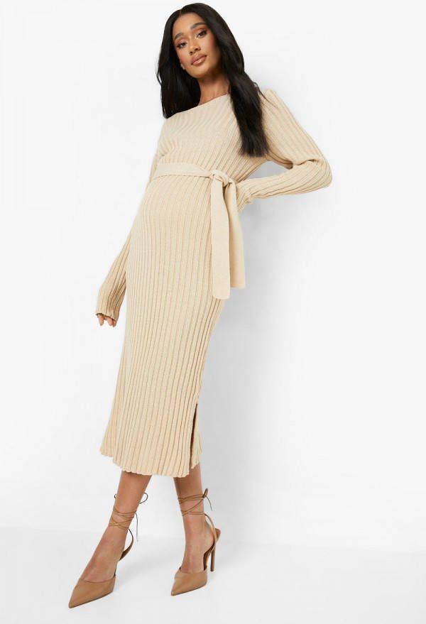 boohoo Zwangerschap Midi Jurk Met Ceintuur, Stone