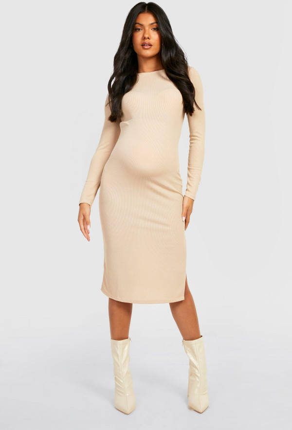 boohoo Zwangerschap Midi Jurk Met Lange Mouwen En Split, Stone