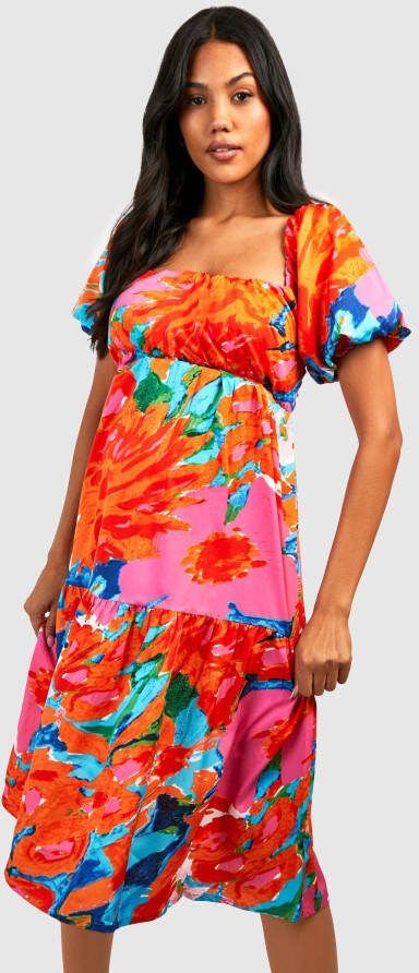 boohoo Zwangerschap Midi Jurk Met Pofmouwen En Rug Strik, Multi