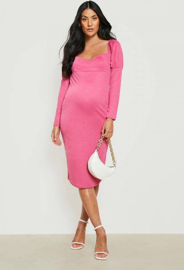 boohoo Zwangerschap Midi Jurk Met Pofmouwen, Pink