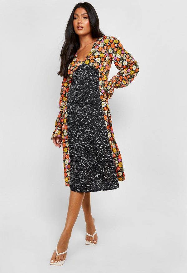 boohoo Zwangerschap Midi Jurk Met Print En Pofmouwen, Multi