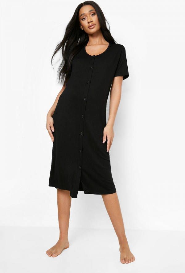 boohoo Zwangerschap Midi Nachtjapon Met Knopen, Black