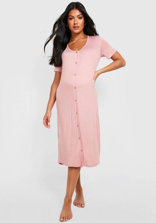 boohoo Zwangerschap Midi Nachtjapon Met Knopen, Rose