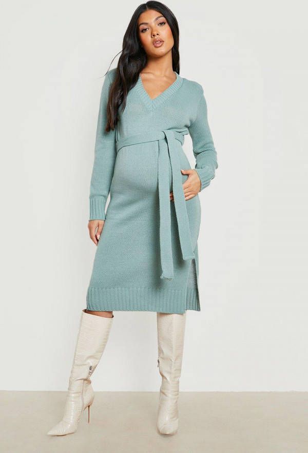 boohoo Zwangerschap Midi Trui Jurk Met V Hals, Sage