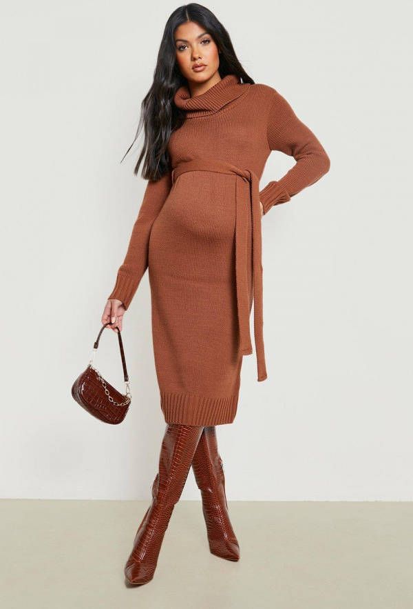 boohoo Zwangerschap Midi Trui Jurk Met Waterval Hals, Toffee
