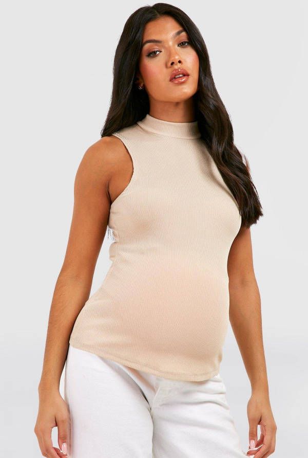boohoo Zwangerschap Mouwloze Geribbelde Top Met Hoge Kraag, Stone