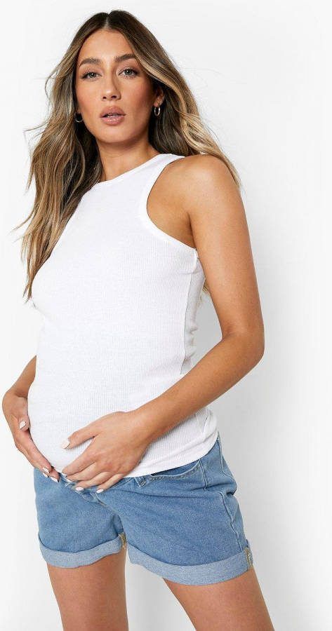 boohoo Zwangerschap Over The Bump Mom Shorts Met Omgeslagen Zoom, Blue