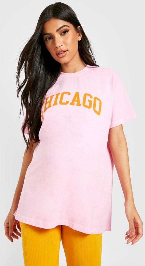 boohoo Zwangerschap Oversized Gebleekt Chicago T Shirt, Pink
