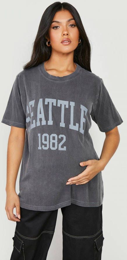 boohoo Zwangerschap Oversized Gebleekt Seattle T Shirt Met Print, Charcoal