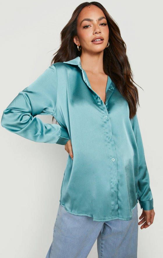 boohoo Zwangerschap Oversized Satijnen Blouse, Sage