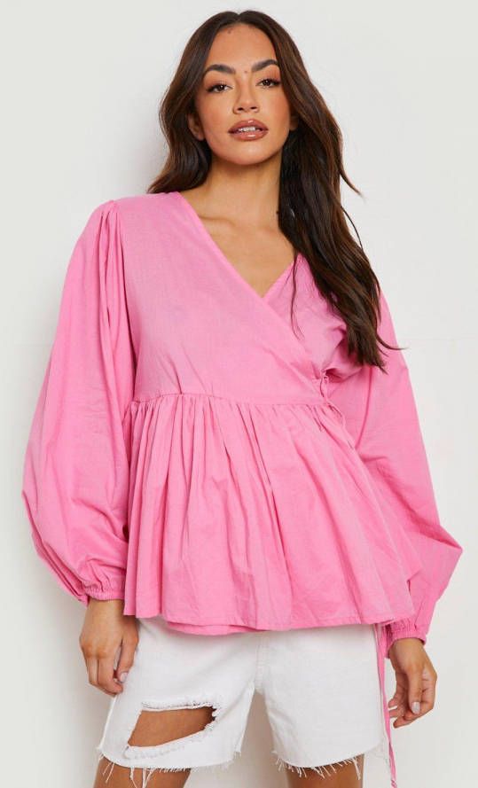 boohoo Zwangerschap Peplum Wikkel Blouse Met Volle Mouwen, Pink