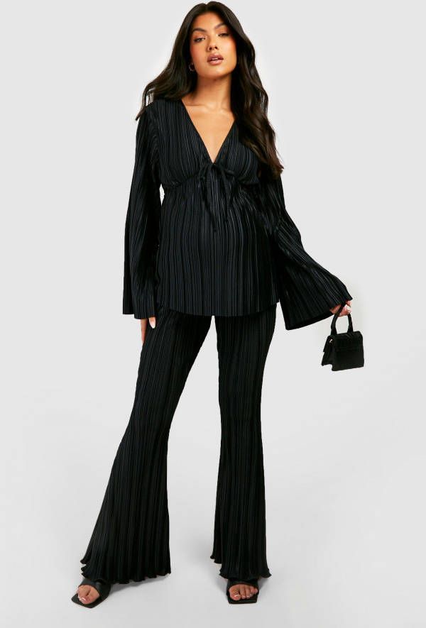 boohoo Zwangerschap Plisse Flared Broek Met Split, Black