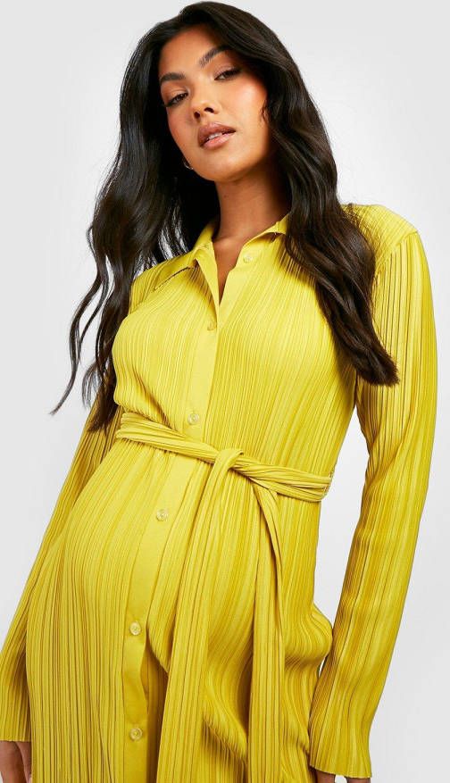 boohoo Zwangerschap Plisse Midi Blouse Jurk Met Ceintuur, Olive