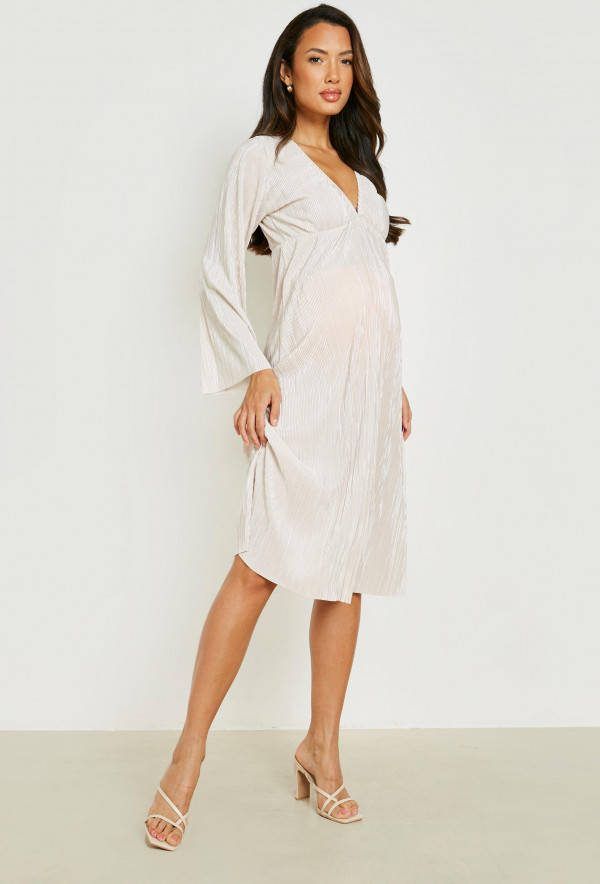 boohoo Zwangerschap Plisse Midi Jurk Met Wijde Mouwen, Champagne