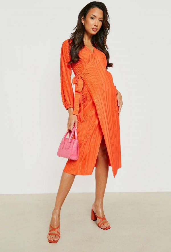 boohoo Zwangerschap Plisse Midi Wikkeljurk, Orange