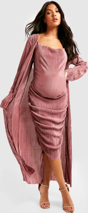boohoo Zwangerschap Plisse Set Met Long Line Duster Jas, Rose