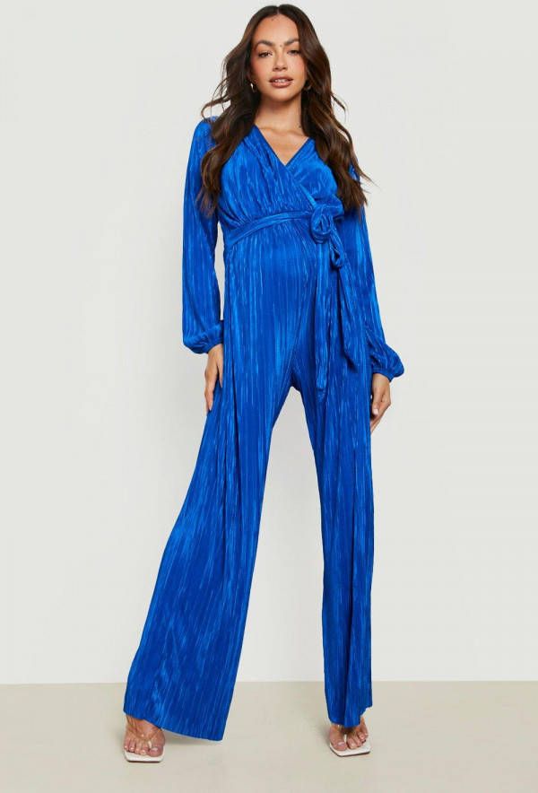 boohoo Zwangerschap Plisse Wide Leg Wikkel Jumpsuit, Cobalt