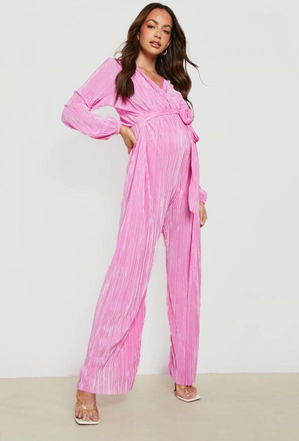 boohoo Zwangerschap Plisse Wide Leg Wikkel Jumpsuit, Rose