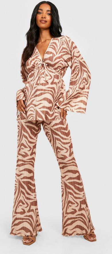 boohoo Zwangerschap Plisse Zebraprint Flared Broek Met Split, Brown