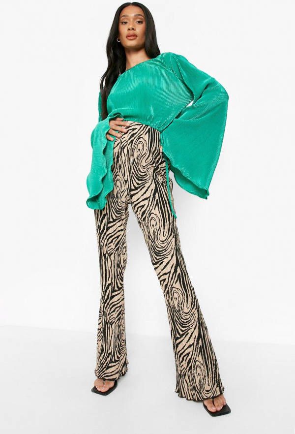 boohoo Zwangerschap Plisse Zebraprint Leggings Met Wijde Pijpen, Camel