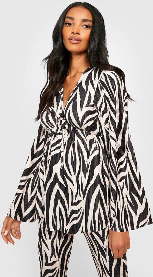 boohoo Zwangerschap Plisse Zebraprint Top Met Strik, Black