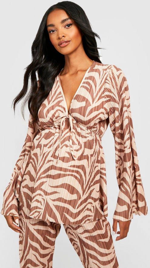 boohoo Zwangerschap Plisse Zebraprint Top Met Strik, Brown