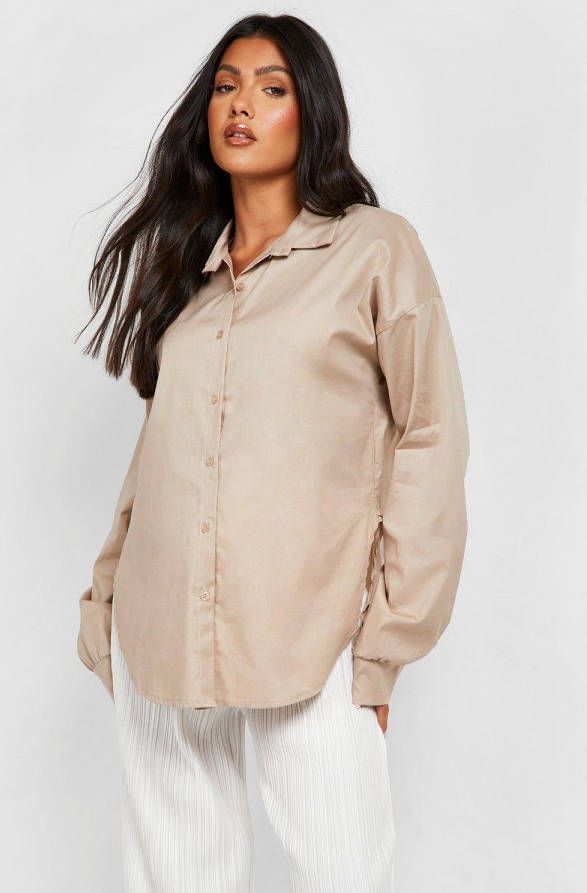 boohoo Zwangerschap Poplin Blouse Met Ronde Zoom, Stone