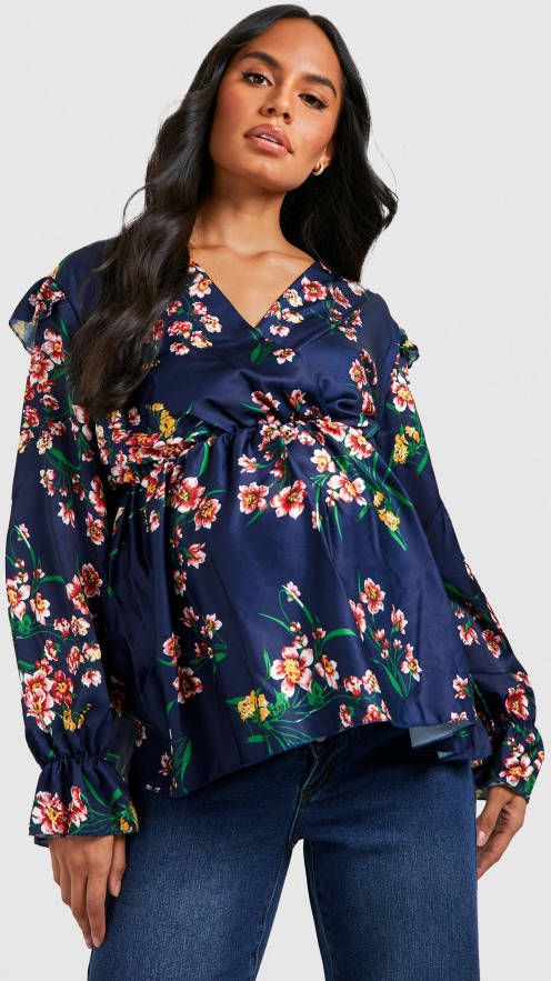 boohoo Zwangerschap Satijnen Bloemen Wikkeltop Met Franjes, Navy