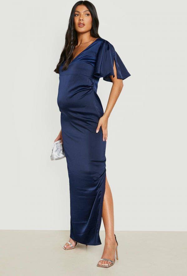 boohoo Zwangerschap Satijnen Maxi Jurk Met Fluitmouwen, Navy