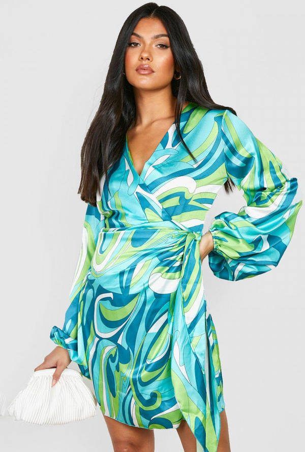 boohoo Zwangerschap Satijnen Wikkel Mini Jurk Met Zijstrik, Blue