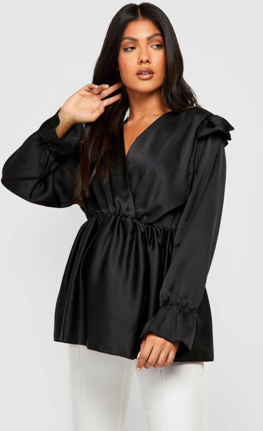 boohoo Zwangerschap Satijnen Wikkeltop Met Ruches, Black