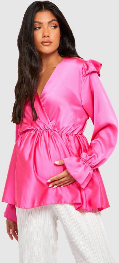 boohoo Zwangerschap Satijnen Wikkeltop Met Ruches, Hot Pink