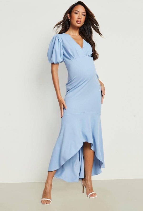 boohoo Zwangerschap Scuba Fishtail Maxi Wikkel Jurk, Light Blue