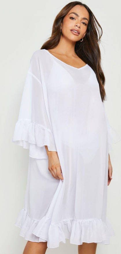 boohoo Zwangerschap Strand Jurk Met Ruches, White