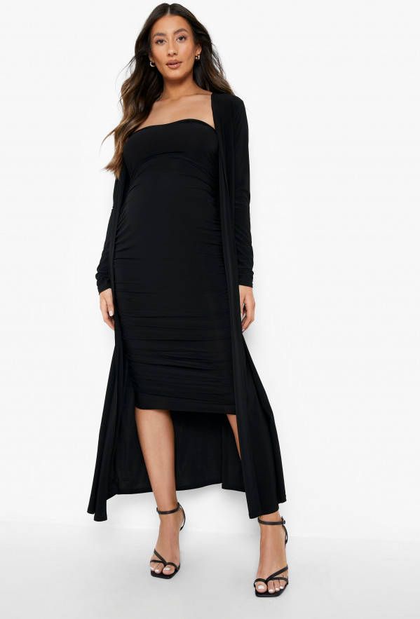 boohoo Zwangerschap Strapless Midi Jurk Met Harvormige Hals En Duster Jas, Black