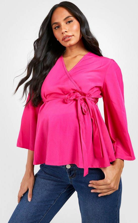 boohoo Zwangerschap Wikkel Blouse Met Engelenmouwen, Hot Pink