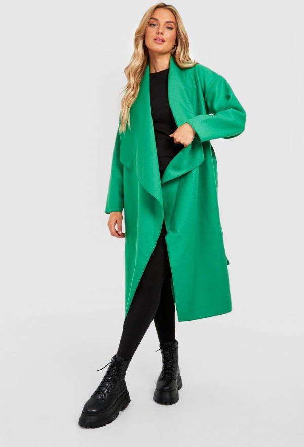 boohoo Zwangerschap Wollen Jas Met Grote Kraag En Ceintuur, Green