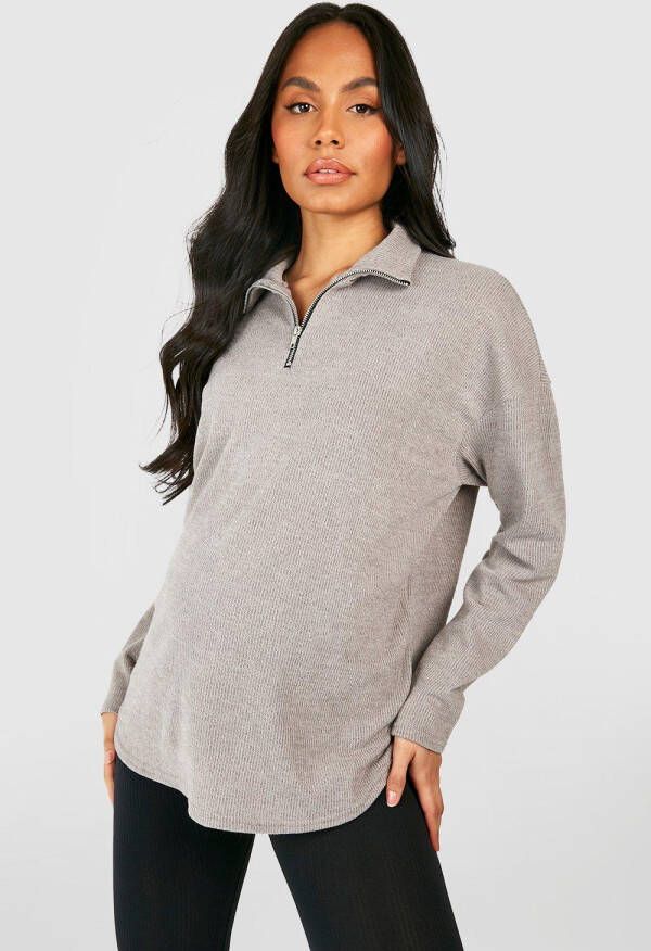 boohoo Zwangerschap Zachte Gebreide Trui Met Korte Rits, Grey